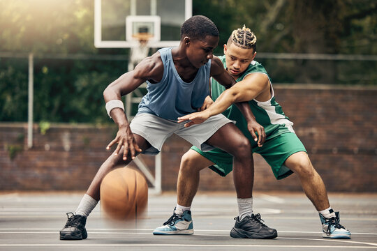 Basketball Sport, Outdoor Game And Men Training On Court For Professional Event With Energy Together. Athlete Team Playing Fast Sports In Collaboration With Action For Exercise, Workout And Health