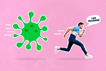Creative abstract template collage of funny funky man running away escape chasing virus vaccinated...