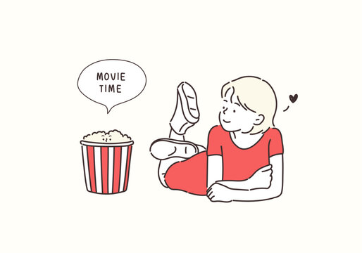 A young teenager watching movies in floor with popcorn. Hand drawn style vector design illustrations.