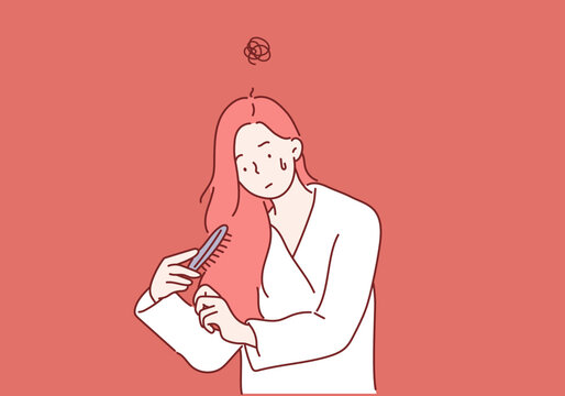 Woman combing with brush pulls long hair. Daily preparation for looking nice, Long Disheveled Hair, Holding Messy Unbrushed Dry Hair In Hands. Hair Damage. Hand drawn style vector design illustrations