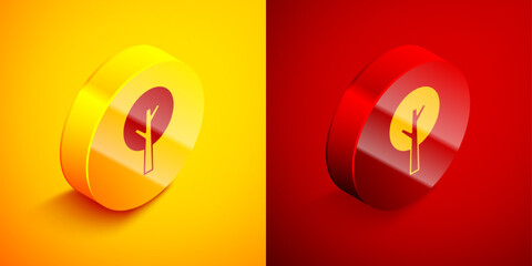 Isometric Tree icon isolated on orange and red background. Forest symbol. Circle button. Vector