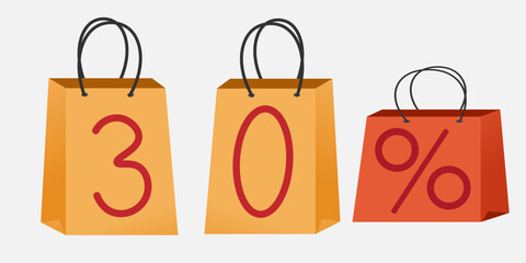 Shopping packages with specified discount isolated elements for marketing, advertising, icons, promotions, black friday