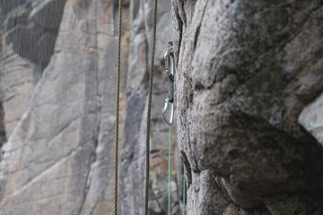 Climbing area Buksky canyon, rain on the Gorsky Tikich river near high granite rocks, Cherkasy region