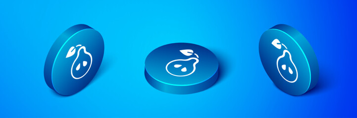 Isometric Pear icon isolated on blue background. Fruit with leaf symbol. Blue circle button. Vector