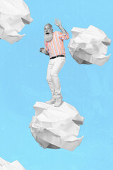Collage photo of old age pensioner funny man grandfather stay painted paper thrash scared excited...
