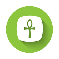White Cross ankh icon isolated with long shadow background. Egyptian word for life or symbol of immortality. Green circle button. Vector