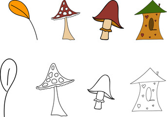 Autumn Fall Clipart, Hand drawn clipart, Mushrooms Tower Foliage Cone Acorn Candle