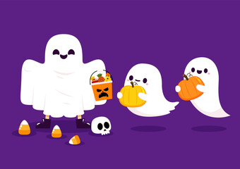 Happy Halloween. Child kid wearing ghost spirit costume. Pumpkin bag. Trick or treat. Funny creepy smiling face. Cute cartoon kawaii baby character.