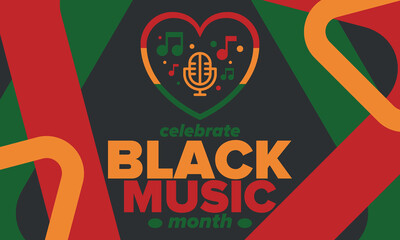 Black Music Month in June. African-American Music Appreciation Month. Celebrated annual in United States. Music concept. Poster, card, banner and background. Vector illustration