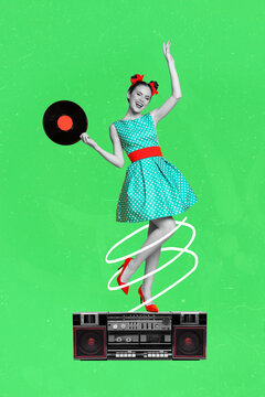 Composite collage image of oldfashioned young woman retro style dress outfit hold vinyl record tape boombox enjoy vintage music have fun