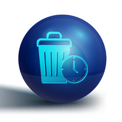 Blue Waste of time icon isolated on white background. Trash can. Garbage bin sign. Recycle basket icon. Office trash icon. Blue circle button. Vector
