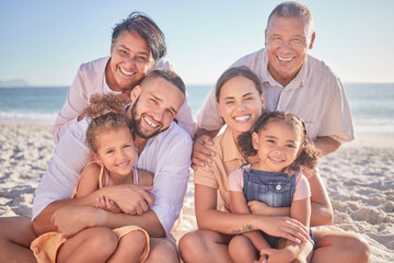 Summer, love and big family in Hawaii at the beach enjoy the sun, freedom and happy summer holiday together. Smile, grandparents and mother with father carrying young children at sea in a portrait