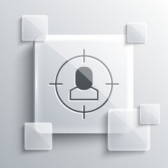Grey Head hunting icon isolated on grey background. Business target or Employment sign. Human resource and recruitment for business. Square glass panels. Vector