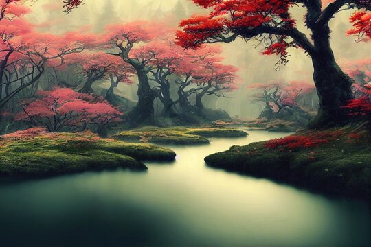 fantasy japanese samurai forest digital art landscape