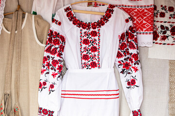 Embroidered national Belarusian dress. Slavic national women's clothing.