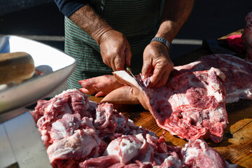 Pig slaughtering  ham production process. 