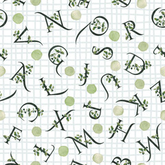 Alphabet seamless pattern. Background of monograms A - Z and polka dot on square-ruled background. Watercolour illustration. For textile, wrapping paper, scrapbooking, stationery and packaging design