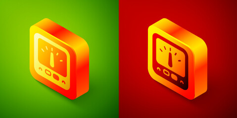 Isometric Ampere meter, multimeter, voltmeter icon isolated on green and red background. Instruments for measurement of electric current. Square button. Vector