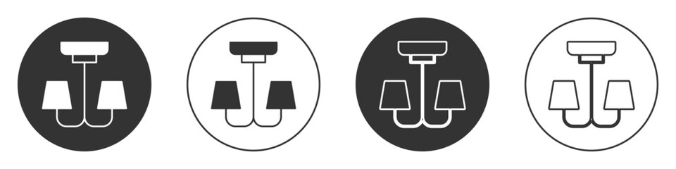 Black Chandelier icon isolated on white background. Circle button. Vector
