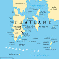 Phuket, largest Island of Thailand, political map with surrounding area. Popular tourist region with plenty of islands, south of Malay Peninsula, in the Andaman Sea and north of the Strait of Malacca. - obrazy, fototapety, plakaty