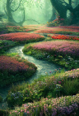 paradise enchanted garden with stream flow through fantasy digital illustration