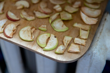 Sliced pieces of apples are laid out on a cutting board and dried on a radiator. Dried apples