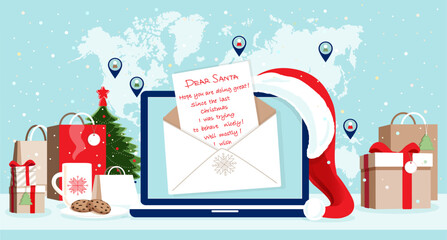 Santa`s laptop screen with online opened letter, modern workplace, table with gift bags, boxes ready for delivery, Santa hat, small fir tree, cookies, cup of hot tea. World map, icons, at background