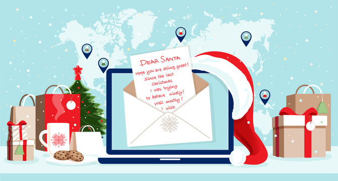 Santa`s laptop screen with online opened letter, modern workplace, table with gift bags, boxes ready for delivery, Santa hat, small fir tree, cookies, cup of hot tea. World map, icons, at background