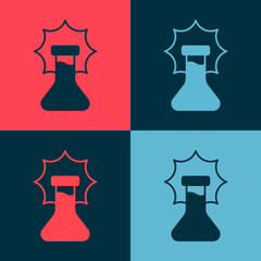 Pop art Chemical experiment, explosion in the flask icon isolated on color background. Chemical explosion in a test tube. Vector