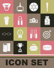 Set Hockey puck, Target with arrow, Sports nutrition, Football ball, expander, Fitness shaker, Medal and Award over sports winner podium icon. Vector