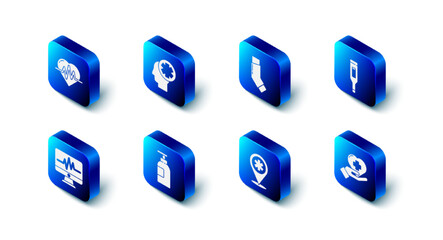 Set Male head with hospital, Inhaler, Medical digital thermometer, Heart cross, Map pointer, Hand sanitizer bottle, Monitor cardiogram and rate icon. Vector