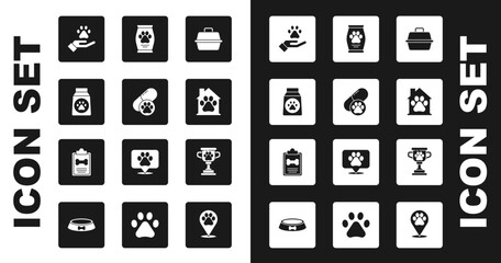 Set Pet carry case, Dog pill, Bag of food, Hands with animals footprint, house, award and Clinical record pet icon. Vector