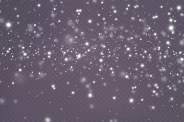 Realistic falling snow.Christmas background.Isolated on transparent background.