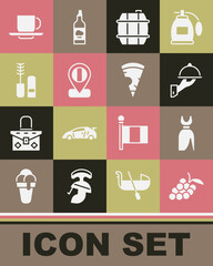 Set Grape fruit, Woman dress, Covered with tray of food, Barrel for wine, Location flag Italy, Mascara brush, Coffee cup and Slice pizza icon. Vector