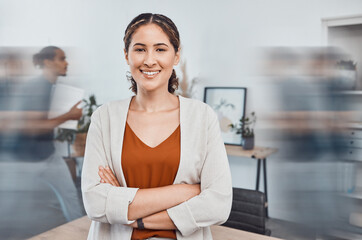 Employee portrait, office busy and woman in leadership at advertising company with smile as...