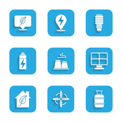 Set Factory, Wind turbine, Propane gas tank, Solar energy panel, Eco friendly house, Battery, LED light bulb and Location with leaf icon. Vector