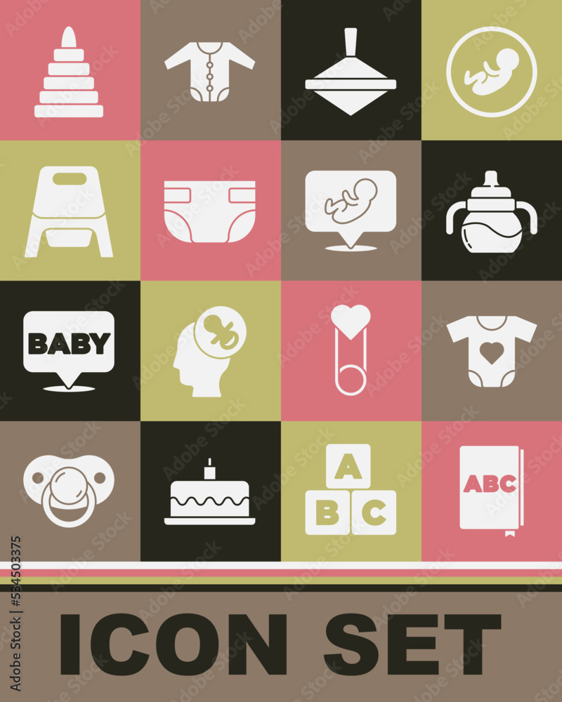 Sticker Set ABC book, Baby clothes, bottle, Whirligig toy, absorbent diaper, potty, Pyramid and icon. Vector