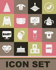 Set ABC book, Baby clothes, bottle, Whirligig toy, absorbent diaper, potty, Pyramid and icon. Vector