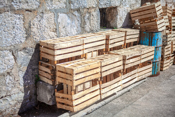 Pallets wooden boxes . Outdoor Storage . Crates on the street 
