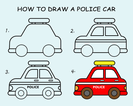 Step by step to draw a Police Car. Drawing tutorial a Police Car. Drawing lesson for children. Vector illustration	