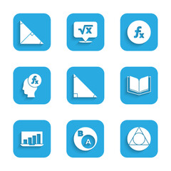 Set Triangle math, Subsets, math, is subset of b, Open book, Laptop with graph chart, Function mathematical symbol, and Angle bisector triangle icon. Vector