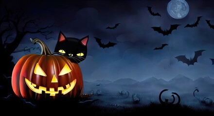 illustration of a black cat hiding behind a pumpkin