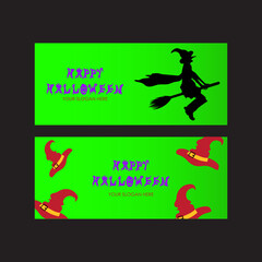 Happy halloween banner with witch and witch hats on green background