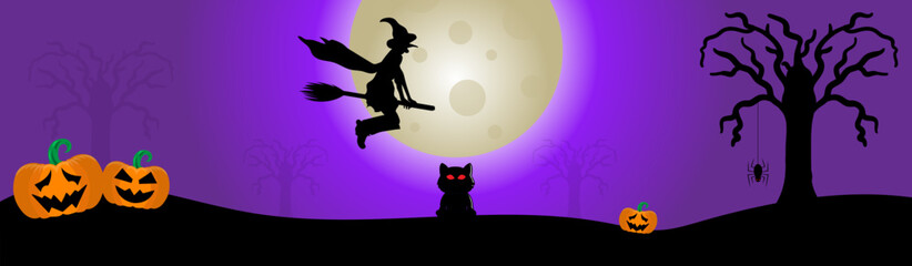Halloween banner with cat , full moon , witch and tree
