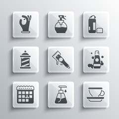 Set Cream cosmetic tube, Coffee cup, Bottle shampoo, Electrical hair clipper, Calendar with haircut day, Barber shop pole, Medical rubber gloves and Shaving gel foam icon. Vector
