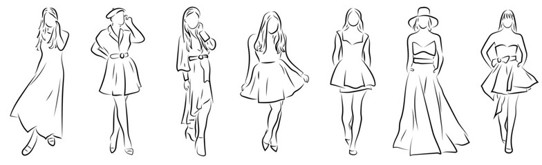 7 Frauen in Kleider Zeichnung Vektor Grafik | Women in dresses drawing graphic vector Lineart