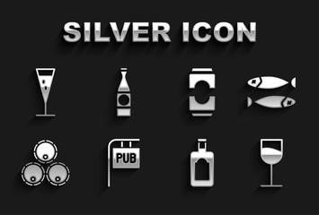 Set Street signboard with Pub, Dried fish, Wine glass, Whiskey bottle, Wooden barrels, Beer can, Glass of champagne and icon. Vector