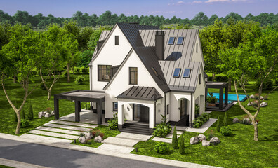 3d rendering of cute cozy white and black modern Tudor style house with parking  and pool for sale or rent with beautiful landscaping. Fairy roofs. Clear sunny summer day with blue sky.