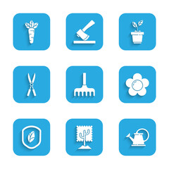 Set Garden rake, Tree, Watering can, Flower, Shield with leaf, Gardening handmade scissors, Plant pot and Carrot icon. Vector