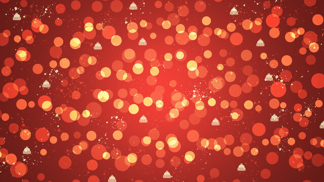 Christmas red abstract bright background or wallpaper with bokeh effect, snowflakes and snowcap